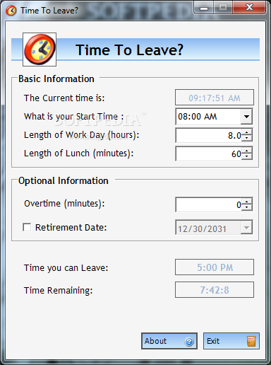 Time to Leave screenshot 1 - The main window of Time to Leave allows users to easily schedule a reminder.