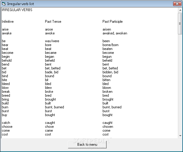 list of irregular verbs character