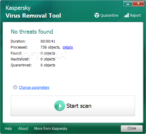Kaspersky Virus Removal Tool screenshot 2 - Manual disinfection tab window of Kaspersky Virus Removal Tool, where you will be able to preform a manual system care action.