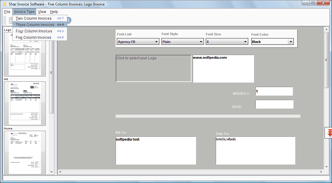 "Invoice Type tab window of Shaz invoice Software where you will be able to 