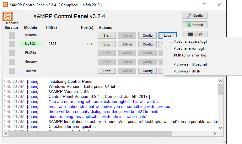 XAMPP 
screenshot 1 - The main window of XAMPP allows users to view the modules
 status and to enable them if they need to.