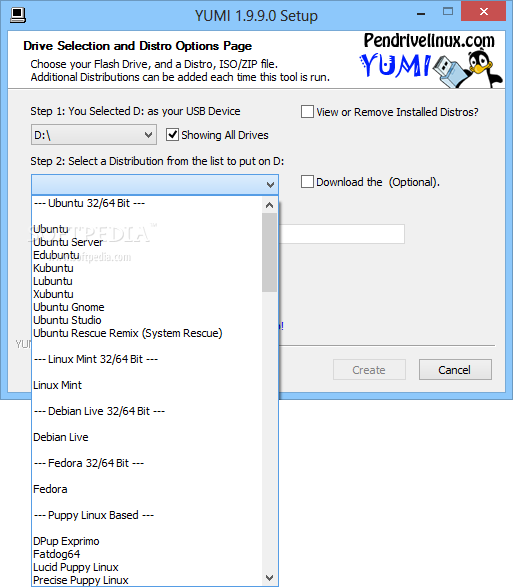 Imagen 1 de YUMI - This is the main window of the application where you need to select the target Linux distribution and the USB drive.